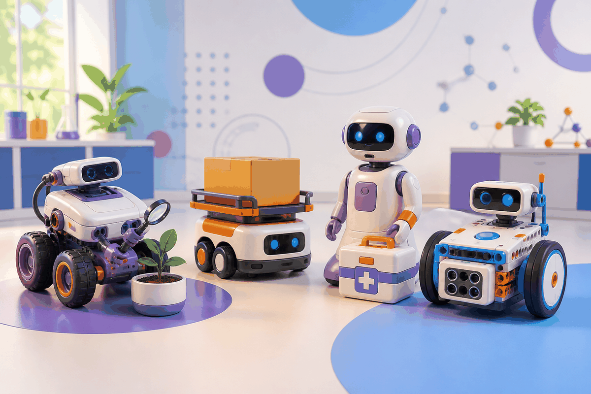 Four friendly robots exploring a plant, carrying a box, assisting with medical care, and learning in a classroom